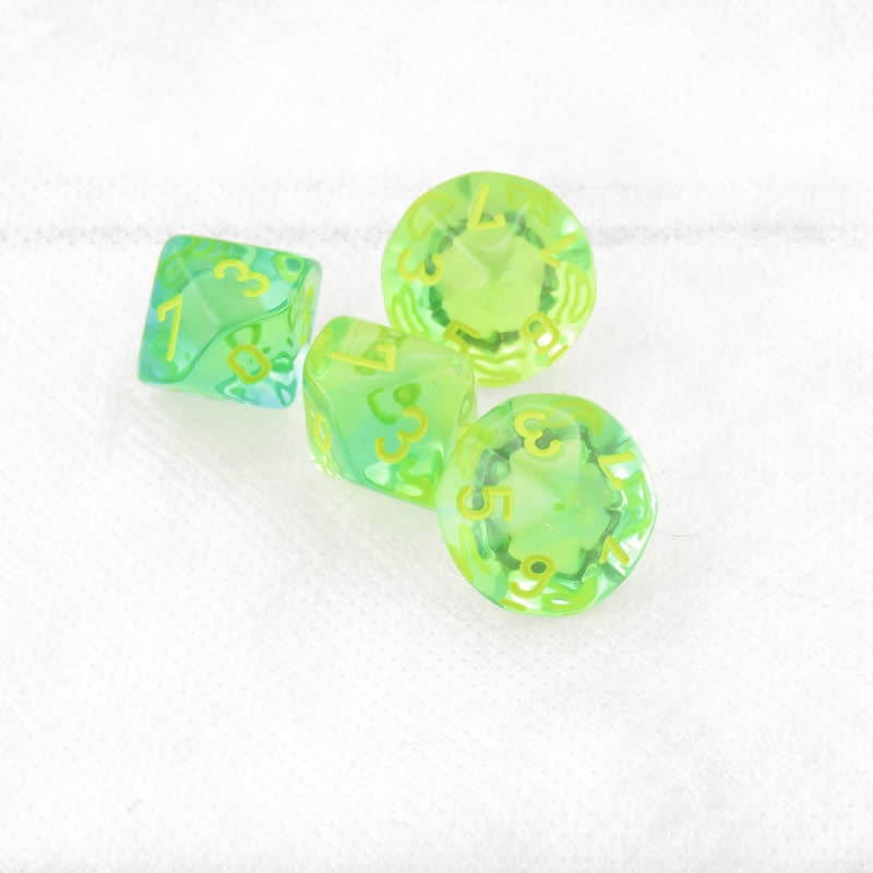 WCXPG1066E4 Green and Teal Gemini Luminary Dice Yellow Numbers D10 Aprox 16mm (5/8in) Pack of 4