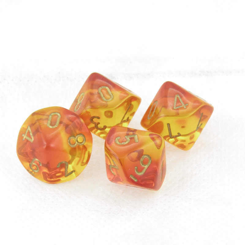 WCXPG1068E4 Red and Yellow Translucent Gemini Dice Gold Numbers D10 Aprox 16mm (5/8in) Pack of 4