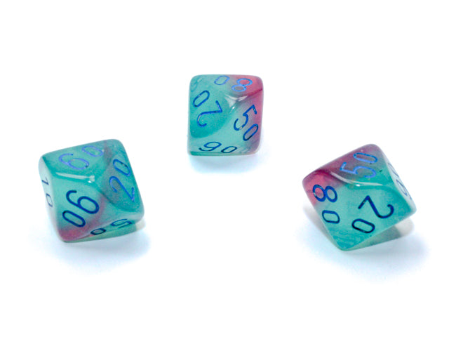 WCXPG1164E4 Green and Pink Gemini Luminary Dice with Blue Numbers Perc D10 Aprox 16mm (5/8in) Pack of 4 Wondertrail
