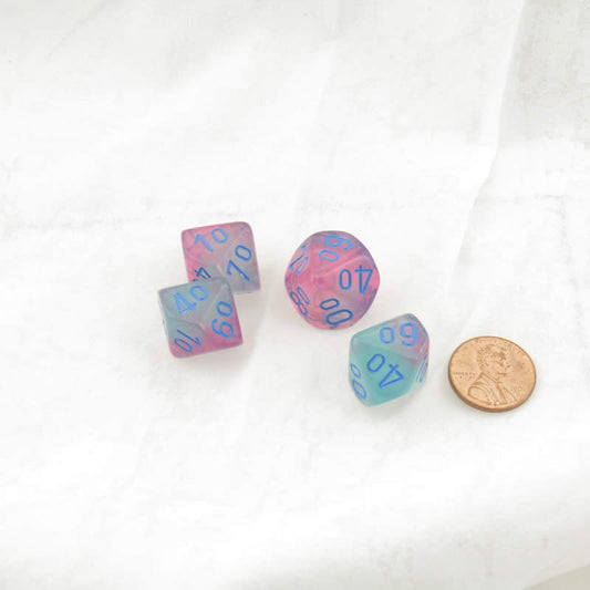 WCXPG1164E4 Green and Pink Gemini Luminary Dice with Blue Numbers Perc D10 Aprox 16mm (5/8in) Pack of 4