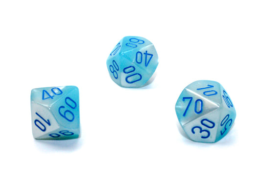WCXPG1165E4 Turquoise and White Gemini Luminary Dice with Blue Numbers Perc D10 Aprox 16mm (5/8in) Pack of 4