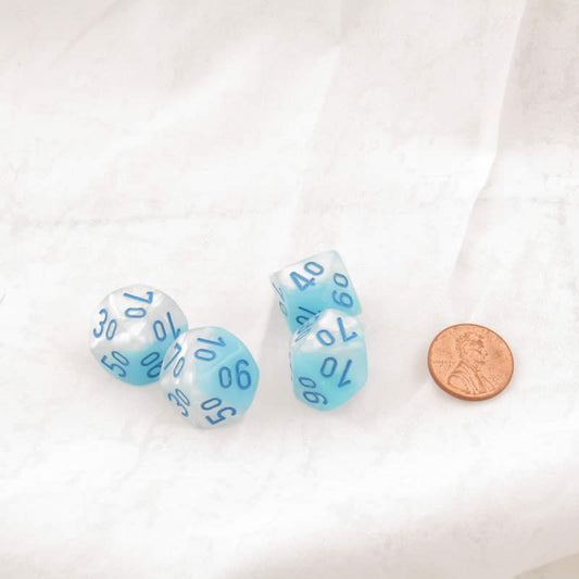 WCXPG1165E4 Turquoise and White Gemini Luminary Dice with Blue Numbers Perc D10 Aprox 16mm (5/8in) Pack of 4