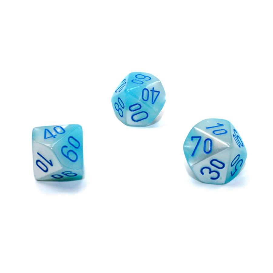 WCXPG1165E4 Turquoise and White Gemini Luminary Dice with Blue Numbers Perc D10 Aprox 16mm (5/8in) Pack of 4