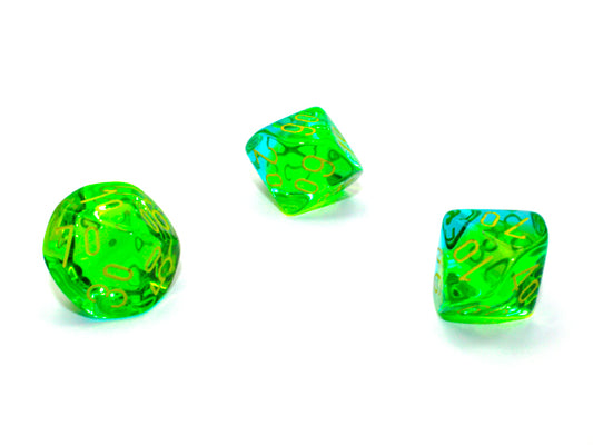 WCXPG1166E4 Green and Teal Translucent Gemini Dice with Yellow Numbers Perc D10 Aprox 16mm (5/8in) Pack of 4
