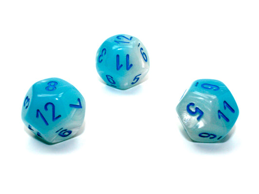 WCXPG1265E4 Turquoise and White Gemini Luminary Dice with Blue Numbers D12 Aprox 16mm (5/8in) Pack of 4 Wondertrail