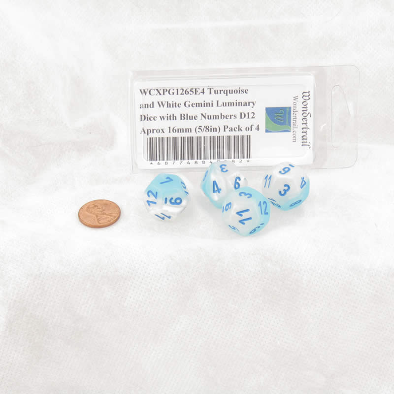 WCXPG1265E4 Turquoise and White Gemini Luminary Dice with Blue Numbers D12 Aprox 16mm (5/8in) Pack of 4