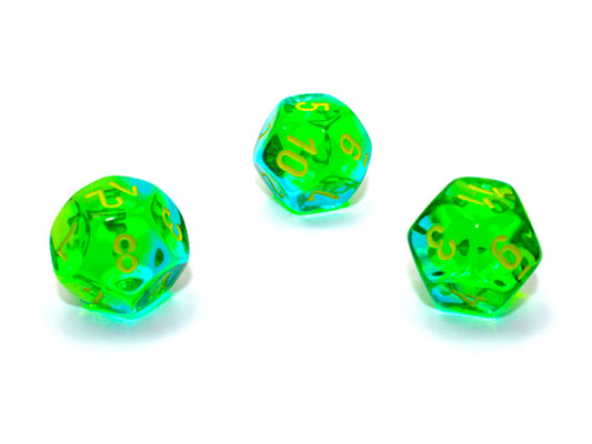 WCXPG1266E4 Green and Teal Translucent Gemini Dice with Yellow Numbers D12 Aprox 16mm (5/8in) Pack of 4 Wondertrail