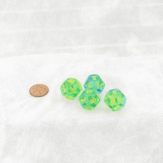 WCXPG1266E4 Green and Teal Translucent Gemini Dice with Yellow Numbers D12 Aprox 16mm (5/8in) Pack of 4