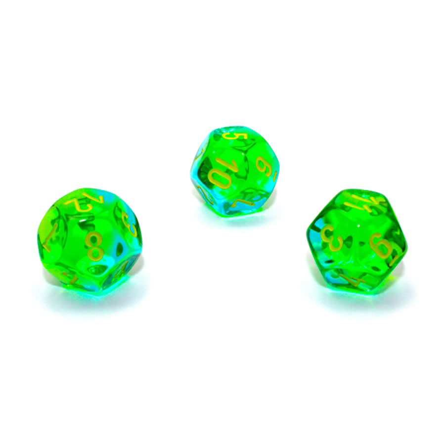 WCXPG1266E4 Green and Teal Translucent Gemini Dice with Yellow Numbers D12 Aprox 16mm (5/8in) Pack of 4