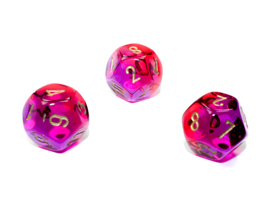 WCXPG1267E4 Red and Violet Translucent Gemini Dice with Gold Numbers D12 Aprox 16mm (5/8in) Pack of 4 Wondertrail