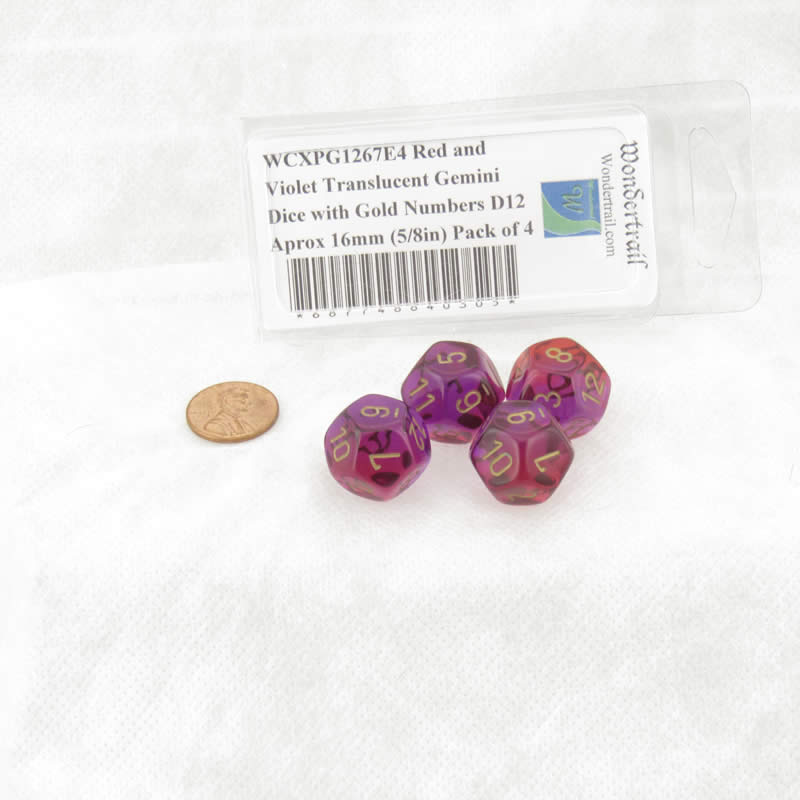 WCXPG1267E4 Red and Violet Translucent Gemini Dice with Gold Numbers D12 Aprox 16mm (5/8in) Pack of 4