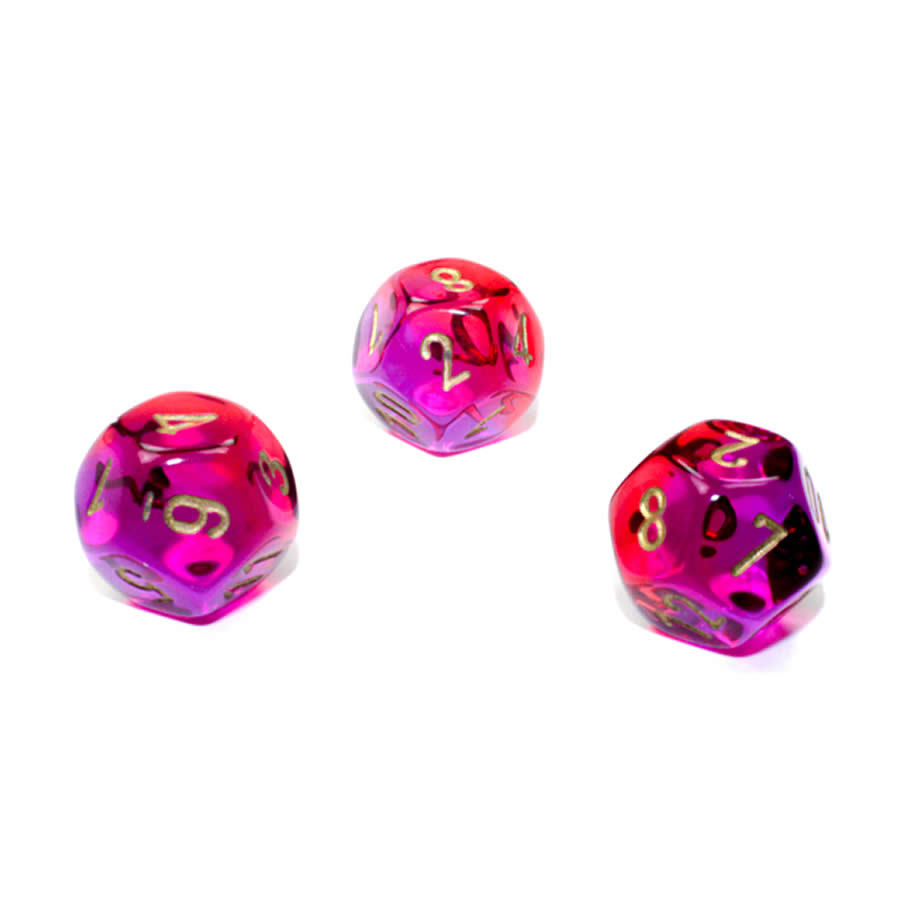 WCXPG1267E4 Red and Violet Translucent Gemini Dice with Gold Numbers D12 Aprox 16mm (5/8in) Pack of 4