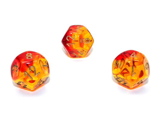 WCXPG1268E4 Red and Yellow Translucent Gemini Dice with Gold Numbers D12 Aprox 16mm (5/8in) Pack of 4 Wondertrail