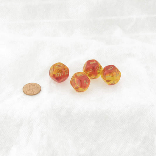 WCXPG1268E4 Red and Yellow Translucent Gemini Dice with Gold Numbers D12 Aprox 16mm (5/8in) Pack of 4