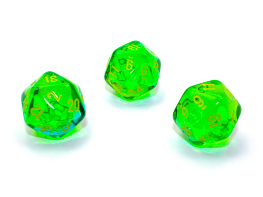 WCXPG2066E4 Green and Teal Translucent Gemini Dice with Yellow Numbers D20 Aprox 16mm (5/8in) Pack of 4 Wondertrail