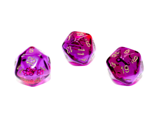 WCXPG2067E4 Red and Violet Translucent Gemini Dice with Gold Numbers D20 Aprox 16mm (5/8in) Pack of 4 Wondertrail