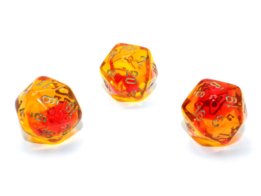 WCXPG2068E4 Red and Yellow Translucent Gemini Dice with Gold Numbers D20 Aprox 16mm (5/8in) Pack of 4 Wondertrail