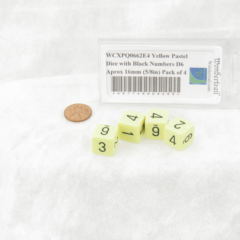 WCXPQ0662E4 Yellow Pastel Dice with Black Numbers D6 Aprox 16mm (5/8in) Pack of 4