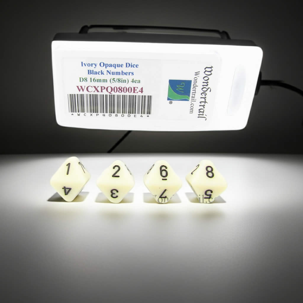 WCXPQ0800E4 Ivory Opaque Dice with Black Numbers D8 Aprox 16mm (5/8in) Pack of 4 Dice