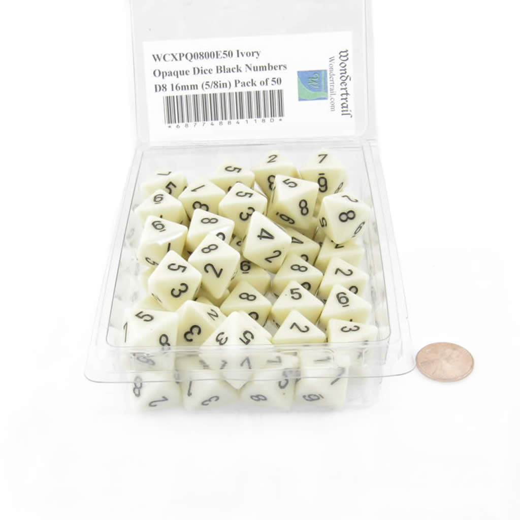 WCXPQ0800E50 Ivory Opaque Dice with Black Numbers D8 Approx 16mm (5/8in) Pack of 50 Dice