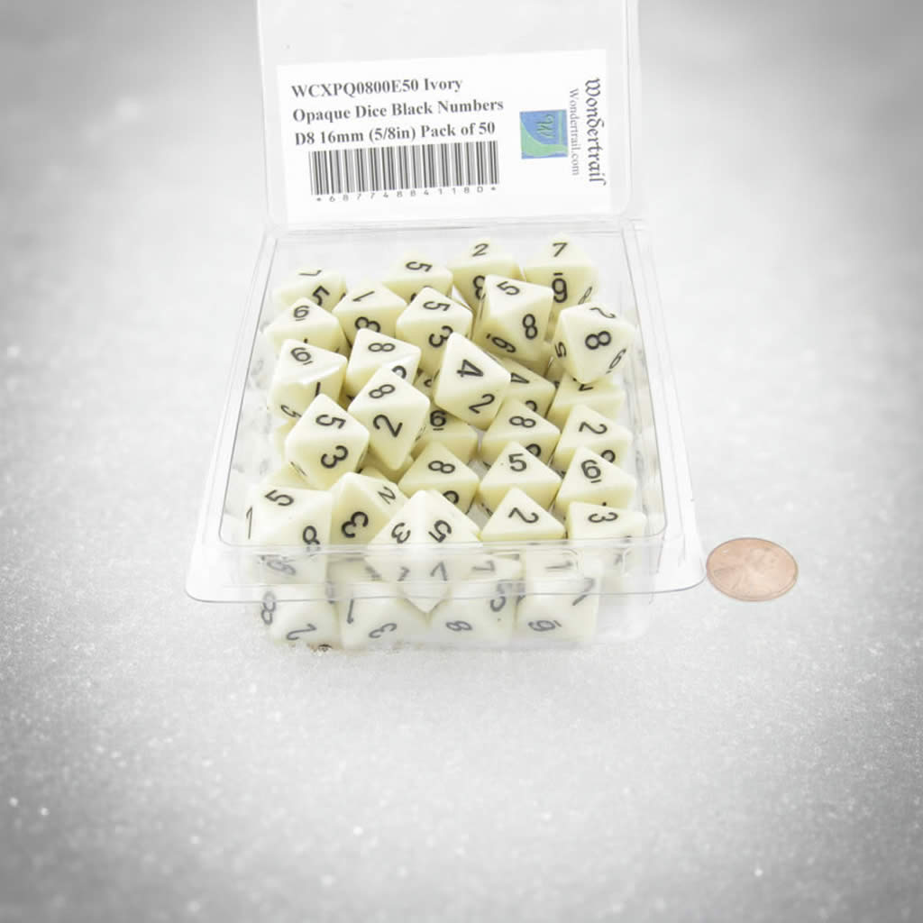 WCXPQ0800E50 Ivory Opaque Dice with Black Numbers D8 Approx 16mm (5/8in) Pack of 50 Dice