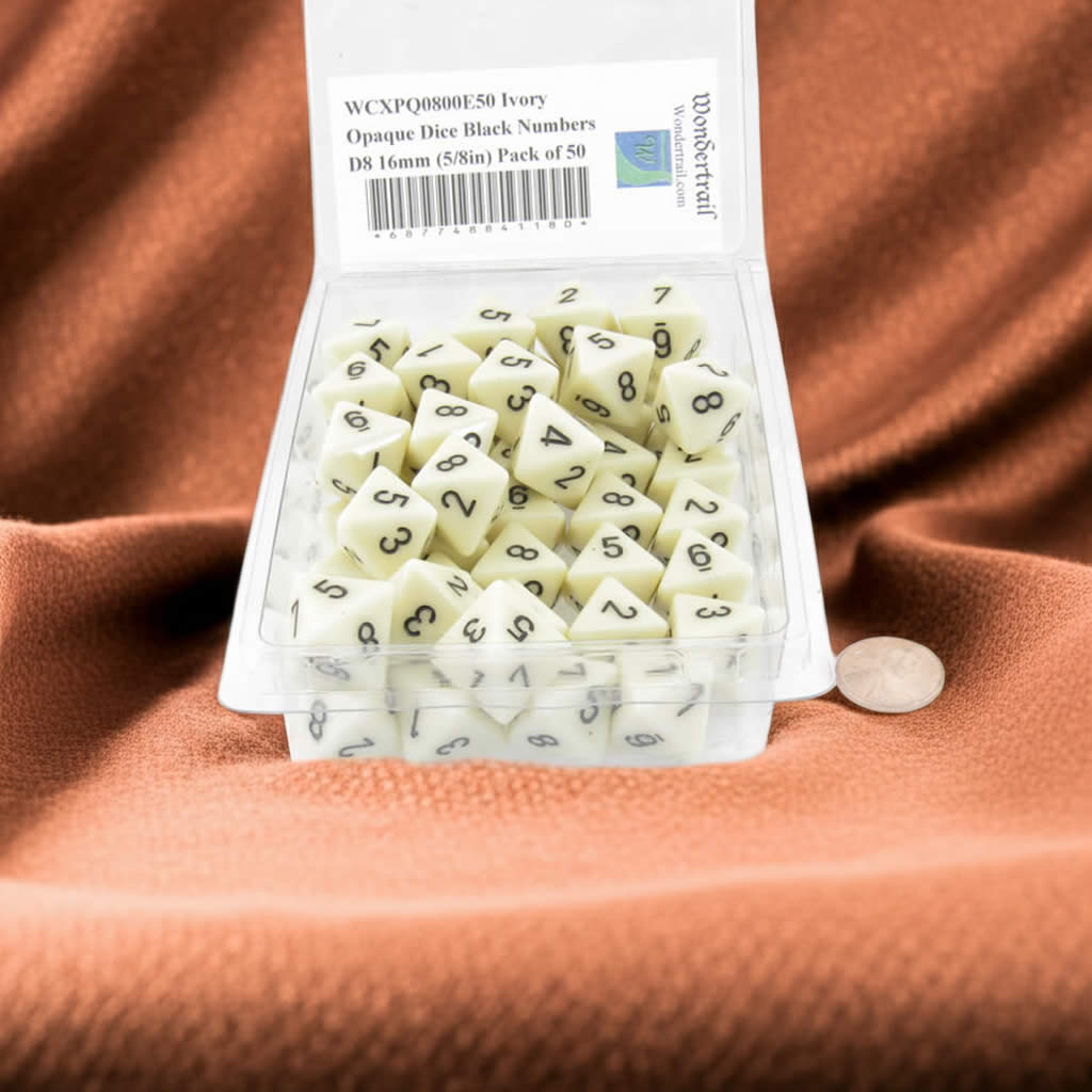 WCXPQ0800E50 Ivory Opaque Dice with Black Numbers D8 Approx 16mm (5/8in) Pack of 50 Dice