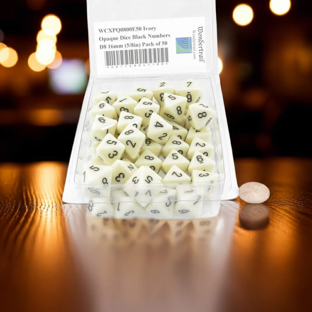 WCXPQ0800E50 Ivory Opaque Dice with Black Numbers D8 Approx 16mm (5/8in) Pack of 50 Dice