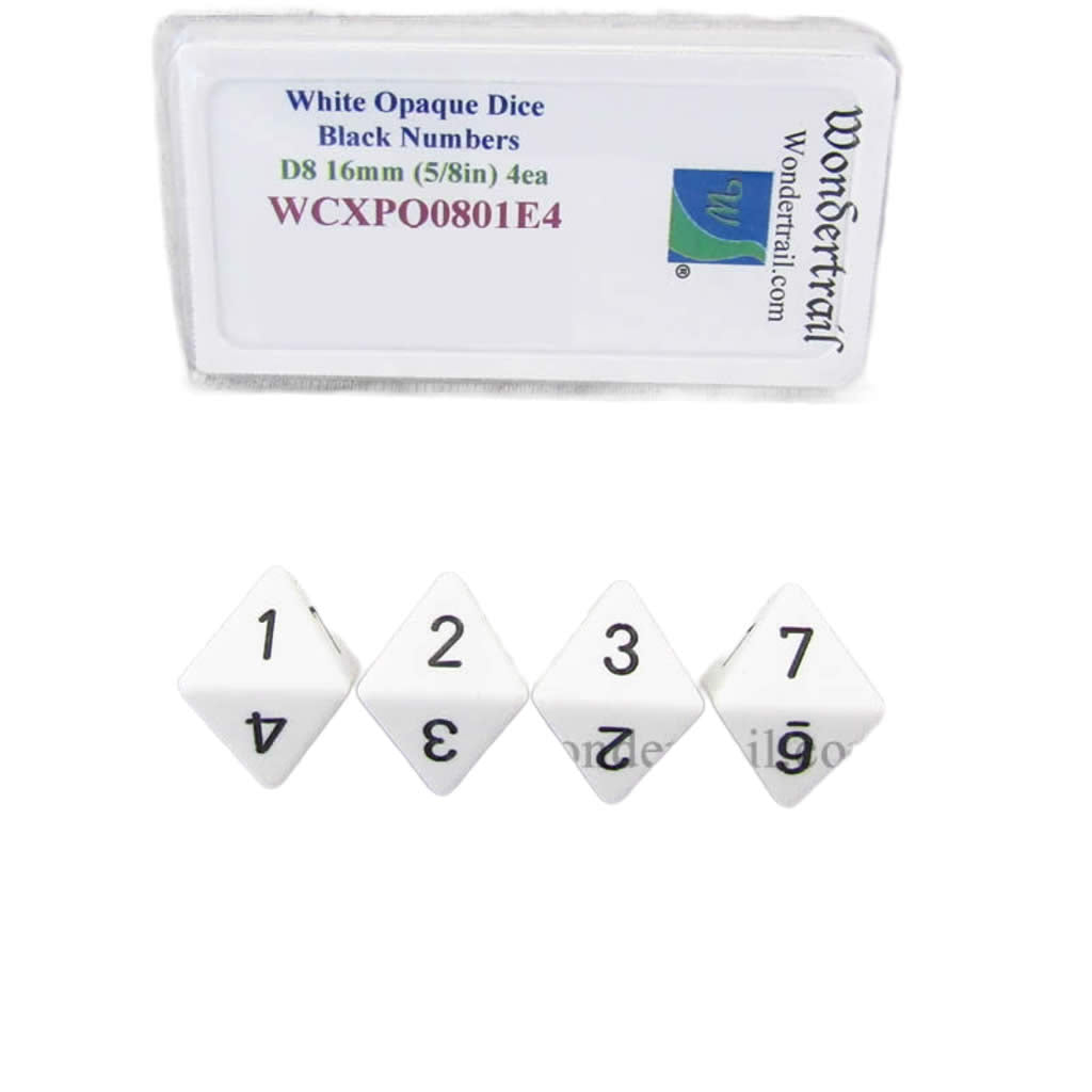 WCXPQ0801E4 White Opaque Dice with Black Numbers D8 Aprox 16mm (5/8in) Pack of 4 Dice Wondertrail