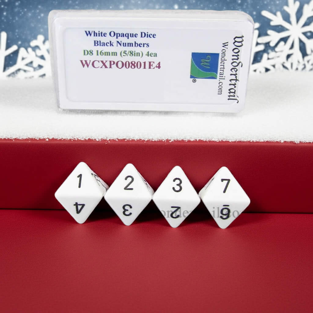 WCXPQ0801E4 White Opaque Dice with Black Numbers D8 Aprox 16mm (5/8in) Pack of 4 Dice Wondertrail