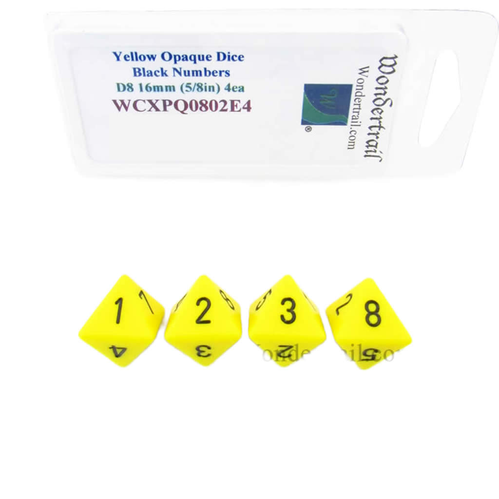 WCXPQ0802E4 Yellow Opaque Dice with Black Numbers D8 Aprox 16mm (5/8in) Pack of 4 Dice