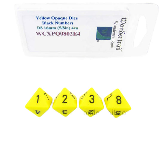 WCXPQ0802E4 Yellow Opaque Dice with Black Numbers D8 Aprox 16mm (5/8in) Pack of 4 Dice