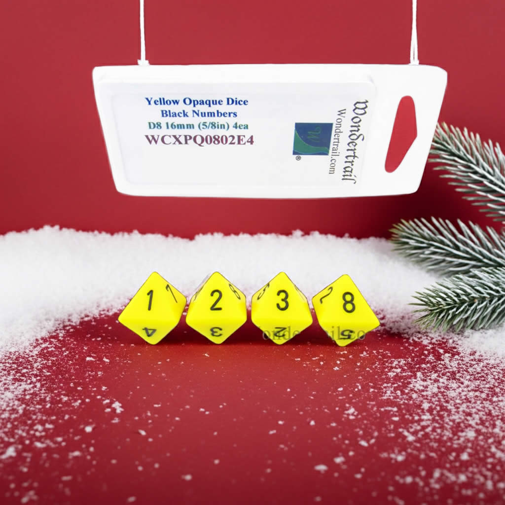 WCXPQ0802E4 Yellow Opaque Dice with Black Numbers D8 Aprox 16mm (5/8in) Pack of 4 Dice