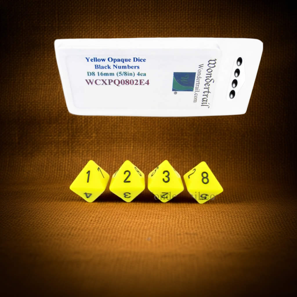 WCXPQ0802E4 Yellow Opaque Dice with Black Numbers D8 Aprox 16mm (5/8in) Pack of 4 Dice