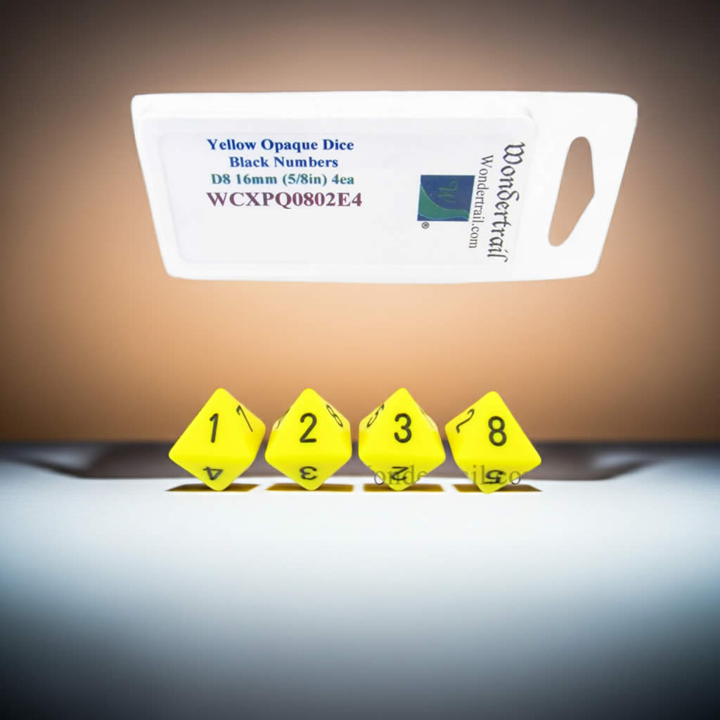 WCXPQ0802E4 Yellow Opaque Dice with Black Numbers D8 Aprox 16mm (5/8in) Pack of 4 Dice