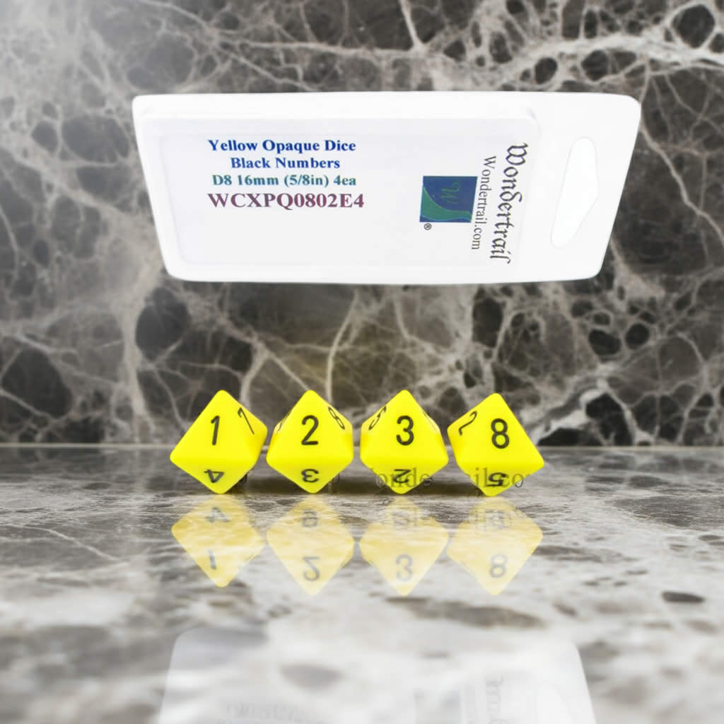 WCXPQ0802E4 Yellow Opaque Dice with Black Numbers D8 Aprox 16mm (5/8in) Pack of 4 Dice