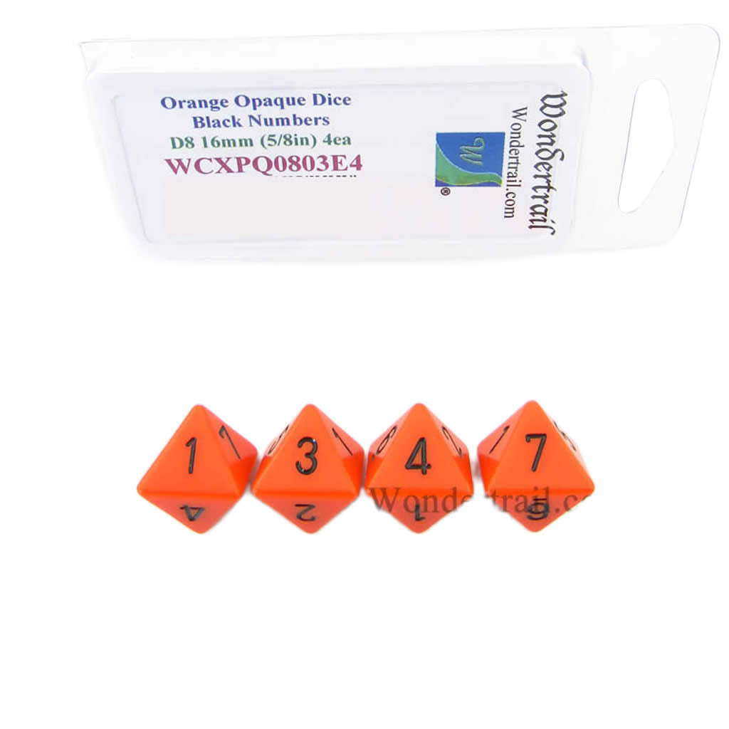WCXPQ0803E4 Orange Opaque Dice with Black Numbers D8 Aprox 16mm (5/8in) Pack of 4 Dice