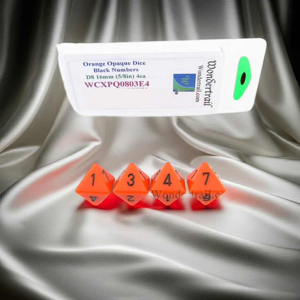 WCXPQ0803E4 Orange Opaque Dice with Black Numbers D8 Aprox 16mm (5/8in) Pack of 4 Dice