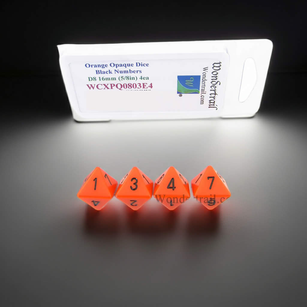 WCXPQ0803E4 Orange Opaque Dice with Black Numbers D8 Aprox 16mm (5/8in) Pack of 4 Dice