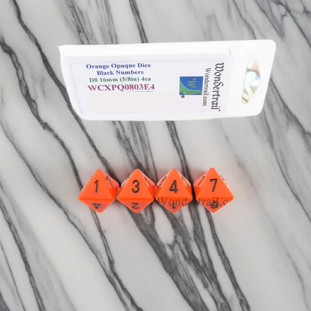 WCXPQ0803E4 Orange Opaque Dice with Black Numbers D8 Aprox 16mm (5/8in) Pack of 4 Dice
