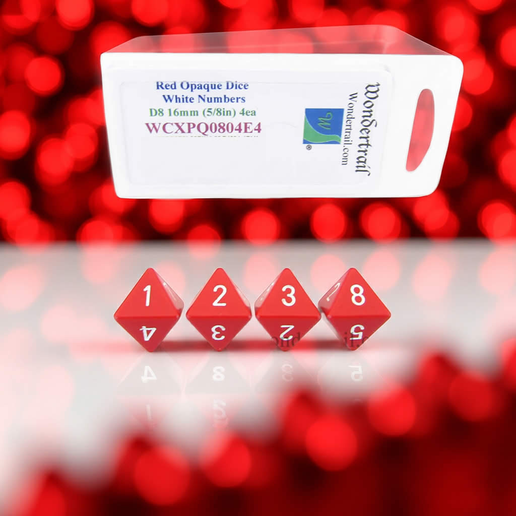 WCXPQ0804E4 Red Opaque Dice with White Numbers D8 Aprox 16mm (5/8in) Pack of 4 Dice Wondertrail