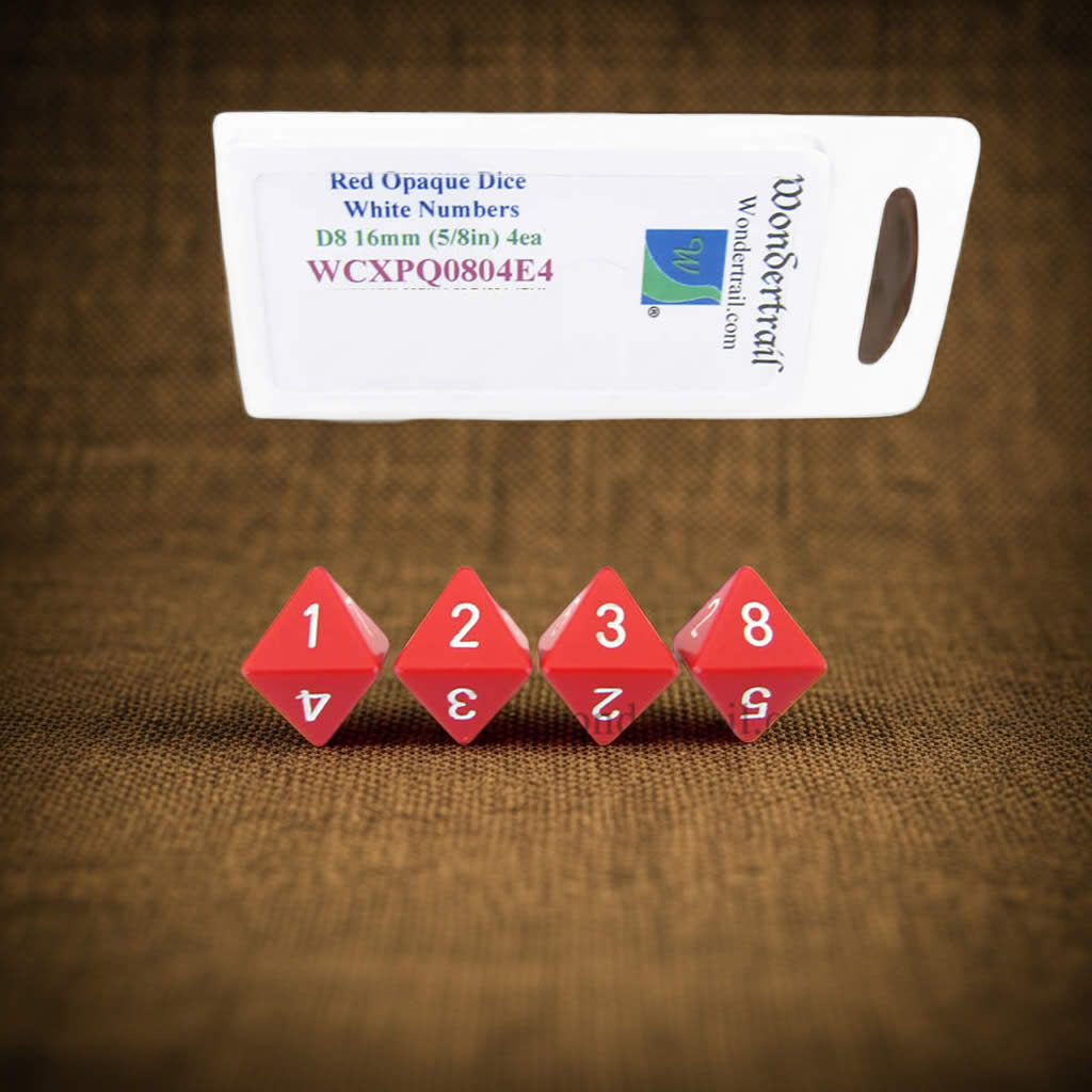 WCXPQ0804E4 Red Opaque Dice with White Numbers D8 Aprox 16mm (5/8in) Pack of 4 Dice Wondertrail