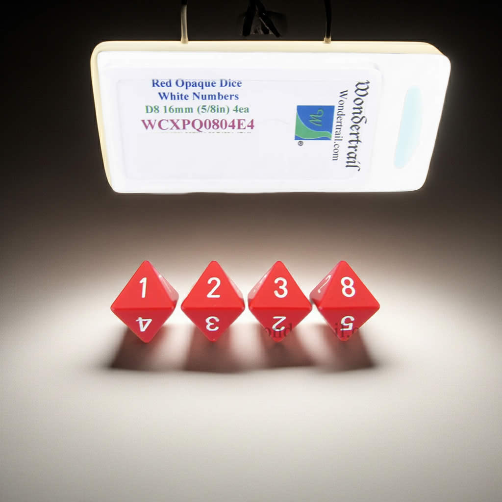 WCXPQ0804E4 Red Opaque Dice with White Numbers D8 Aprox 16mm (5/8in) Pack of 4 Dice Wondertrail