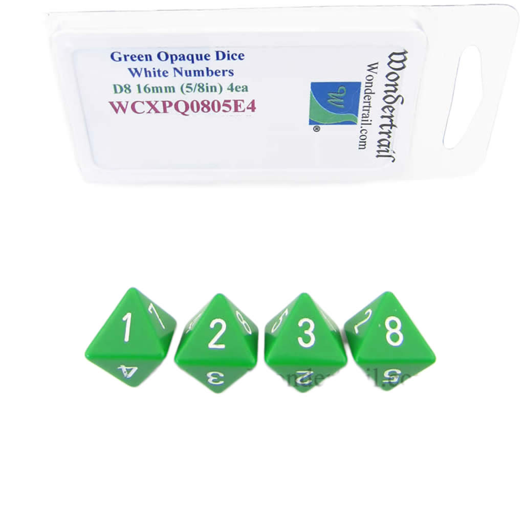 WCXPQ0805E4 Green Opaque Dice with White Numbers D8 Aprox 16mm (5/8in) Pack of 4 Dice