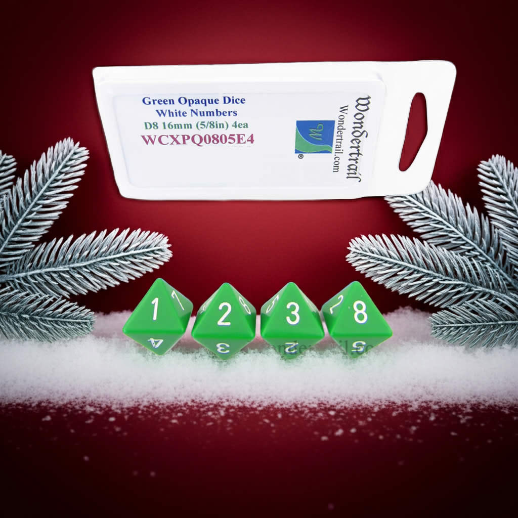 WCXPQ0805E4 Green Opaque Dice with White Numbers D8 Aprox 16mm (5/8in) Pack of 4 Dice