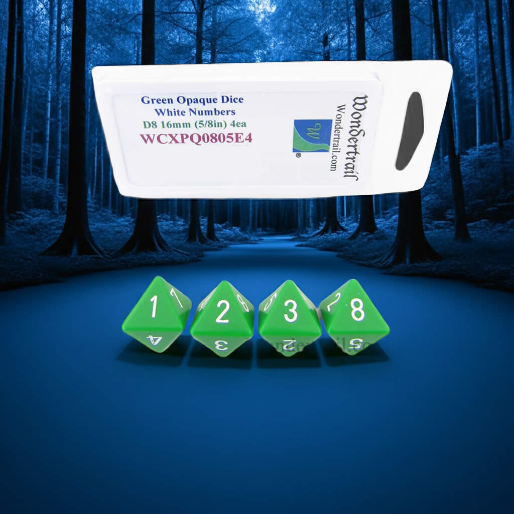 WCXPQ0805E4 Green Opaque Dice with White Numbers D8 Aprox 16mm (5/8in) Pack of 4 Dice