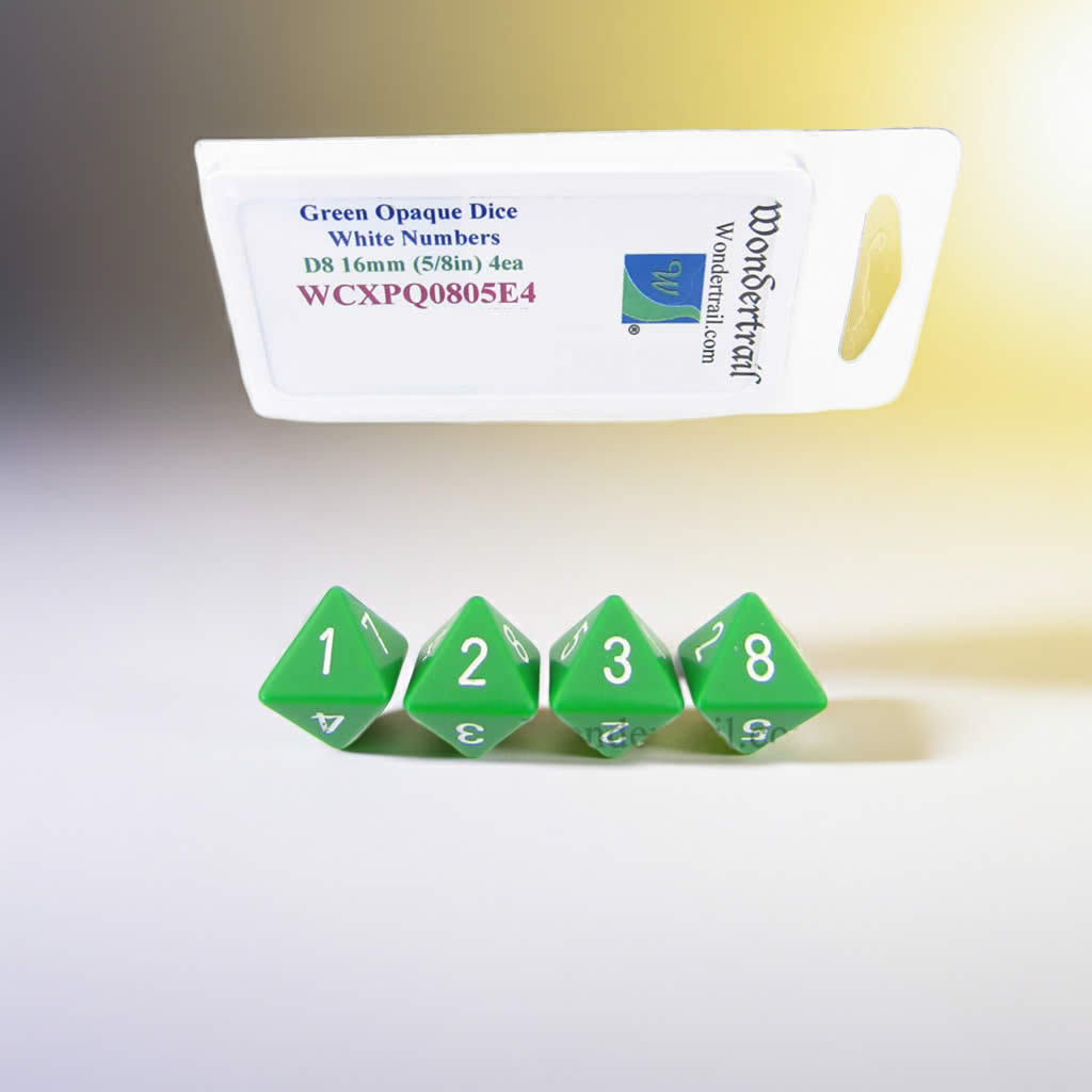 WCXPQ0805E4 Green Opaque Dice with White Numbers D8 Aprox 16mm (5/8in) Pack of 4 Dice