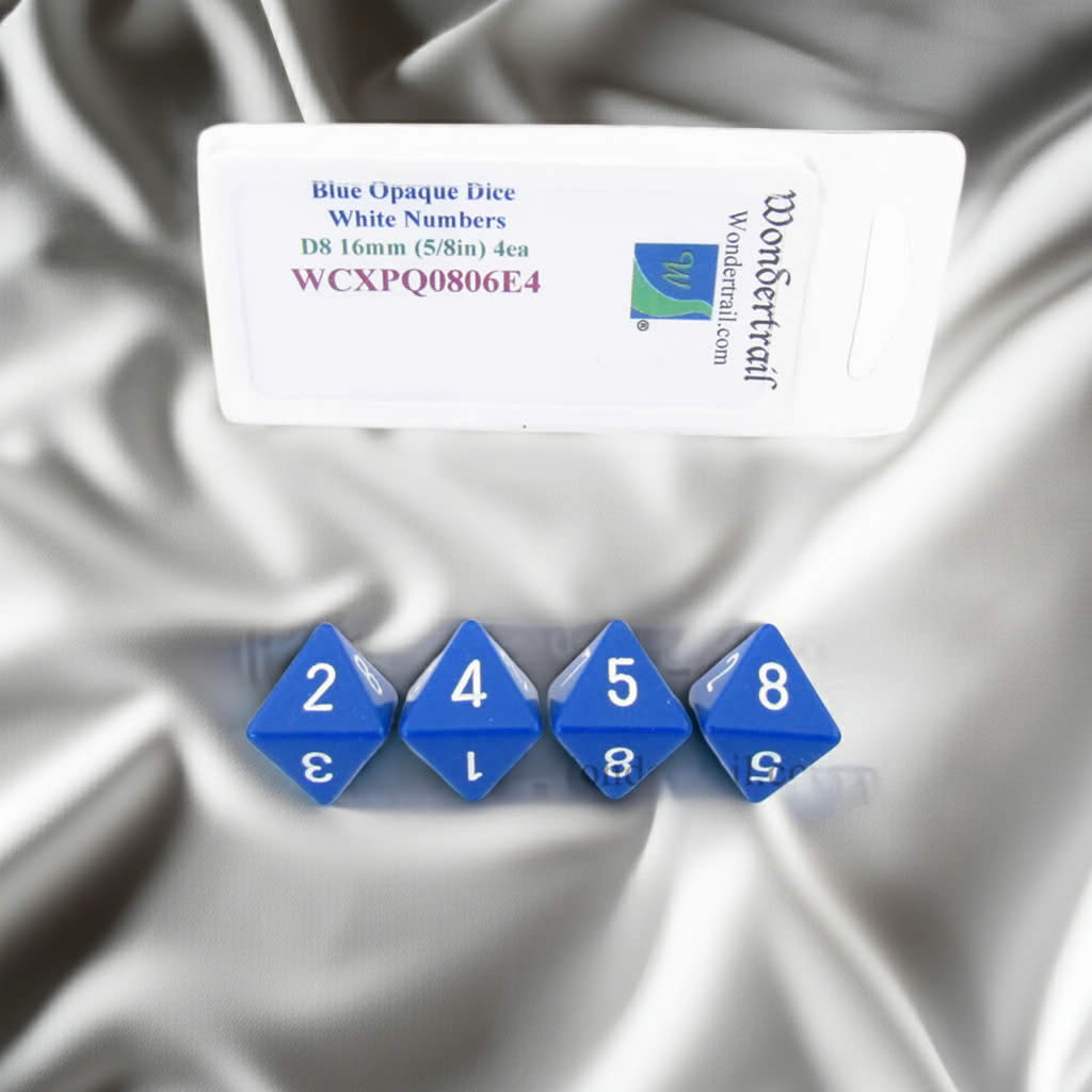 WCXPQ0806E4 Blue Opaque Dice with White Numbers D8 Aprox 16mm (5/8in) Pack of 4 Dice
