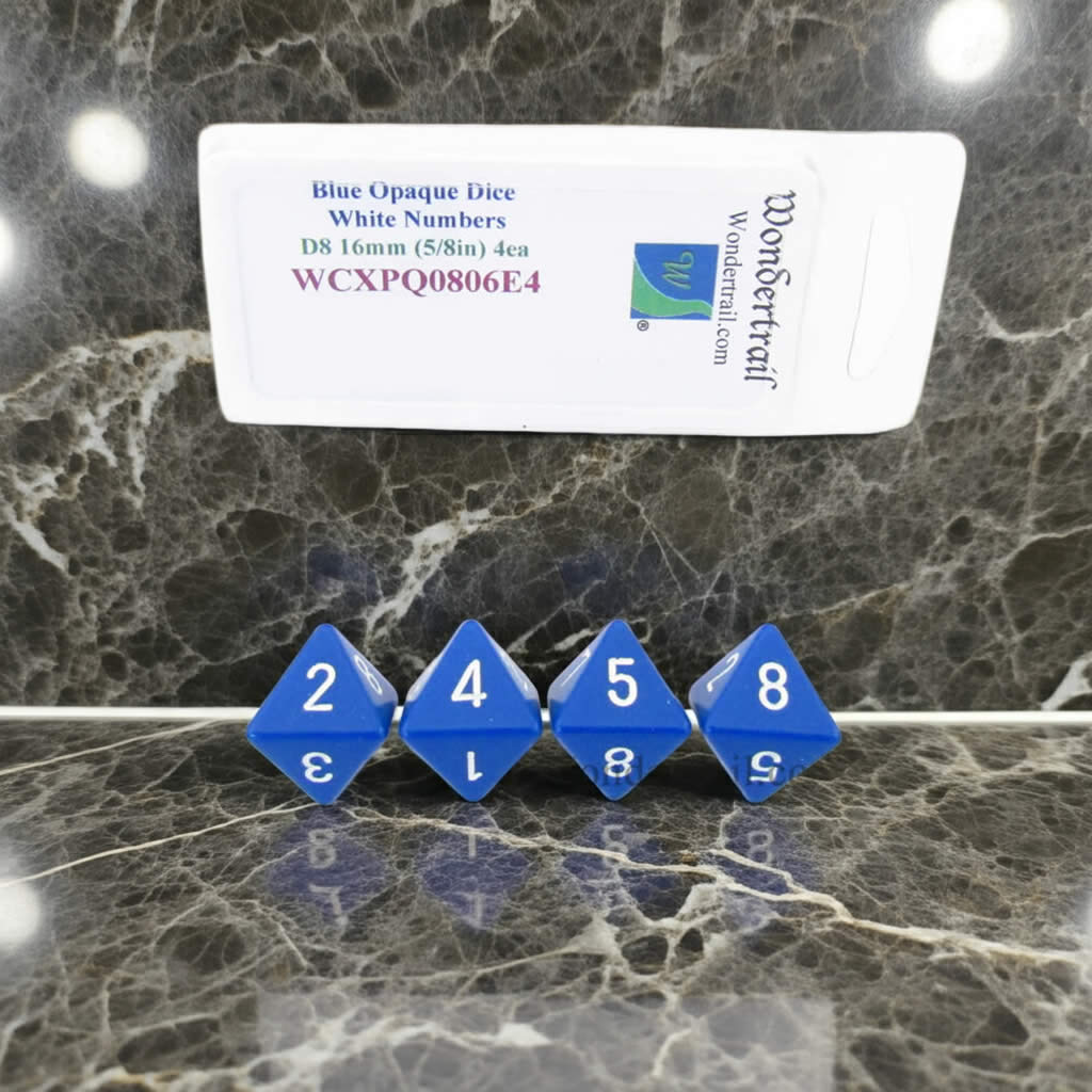 WCXPQ0806E4 Blue Opaque Dice with White Numbers D8 Aprox 16mm (5/8in) Pack of 4 Dice