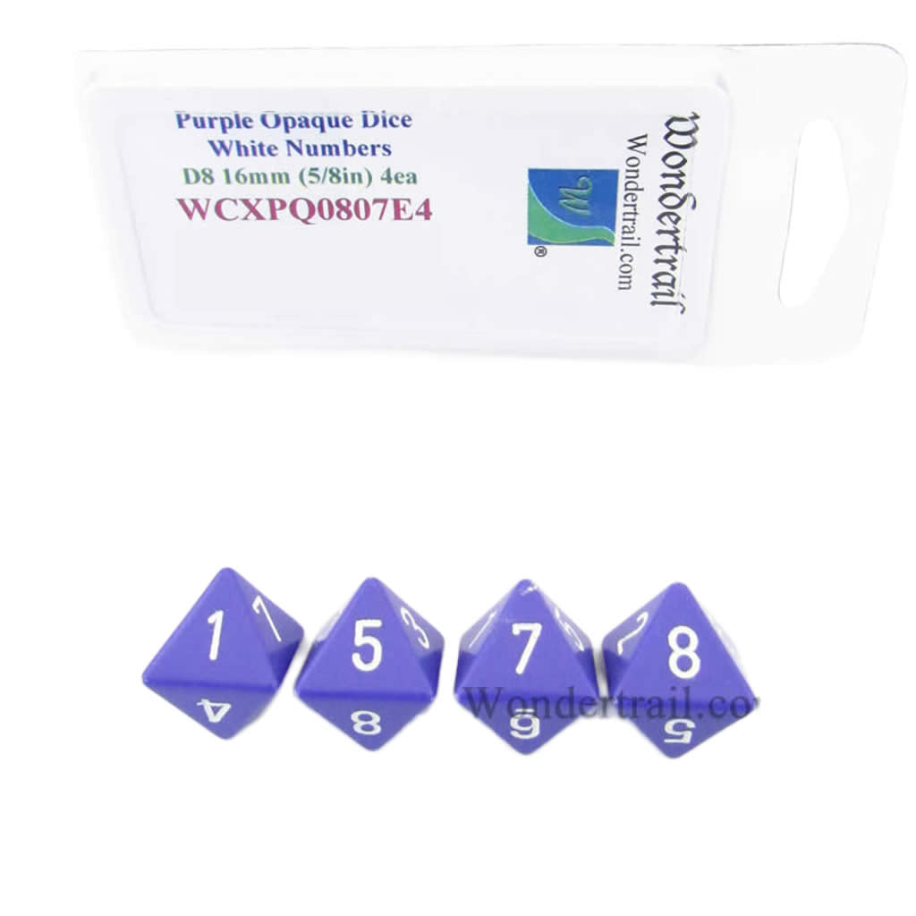 WCXPQ0807E4 Purple Opaque Dice with White Numbers D8 Aprox 16mm (5/8in) Pack of 4 Dice