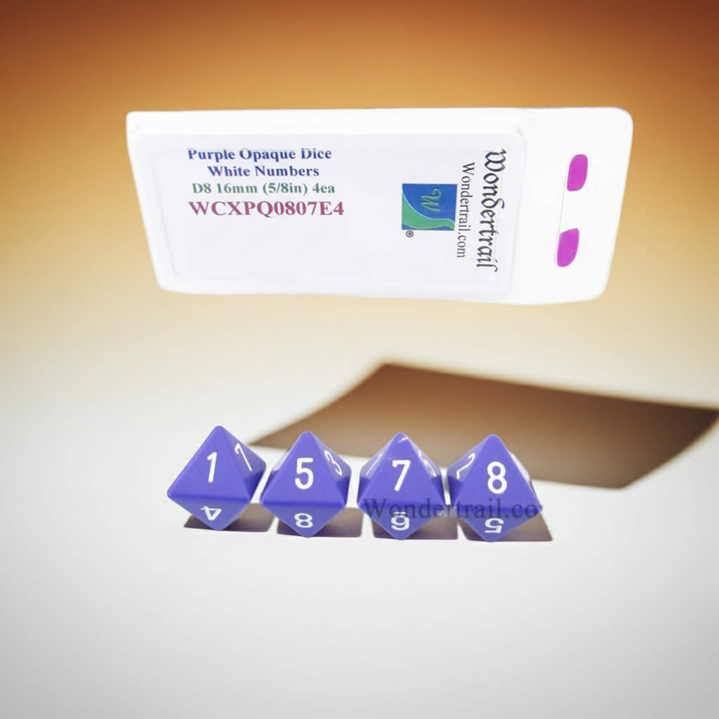 WCXPQ0807E4 Purple Opaque Dice with White Numbers D8 Aprox 16mm (5/8in) Pack of 4 Dice